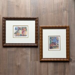 Vintage Native Framed Prints Set (2) Primitive Village Tropical
